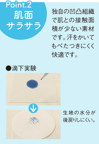 Point2 肌面サラサラ 独自の凹凸組織で肌との接触面積が少ない素材です。汗をかいてもべたつきにくく快適です。